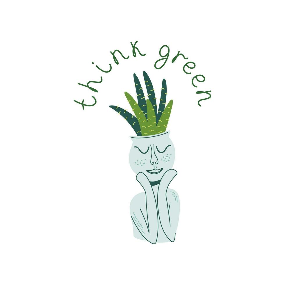 Think green. Ceramic flowerpot with closed eyes and houseplant.  Flat style vector illustration with green plant. Save the planet, environmental conservation concept.