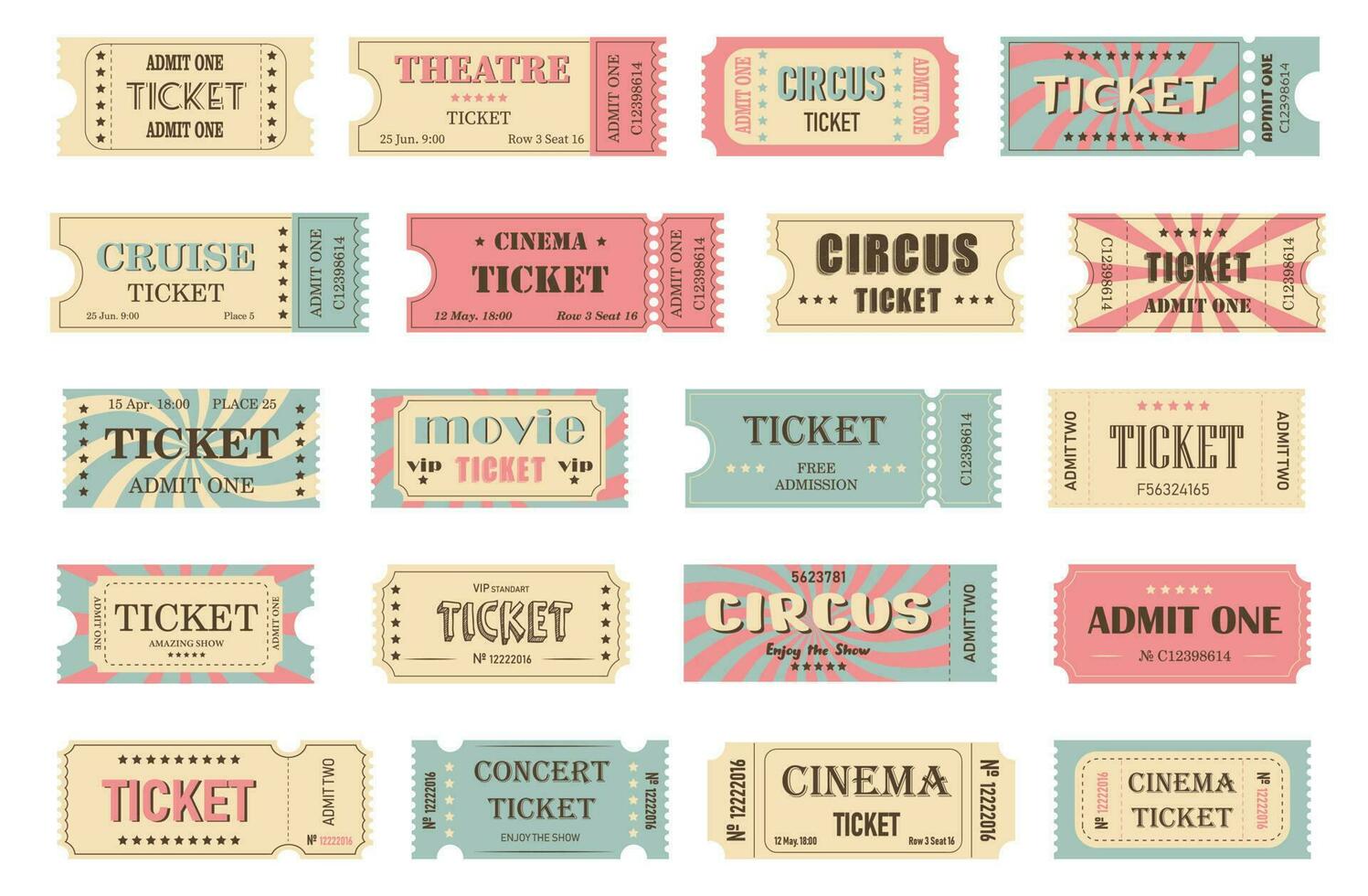 Retro tickets set. Vintage cinema, circus, concert, theatre,  movie, cruise and other events coupons. vector