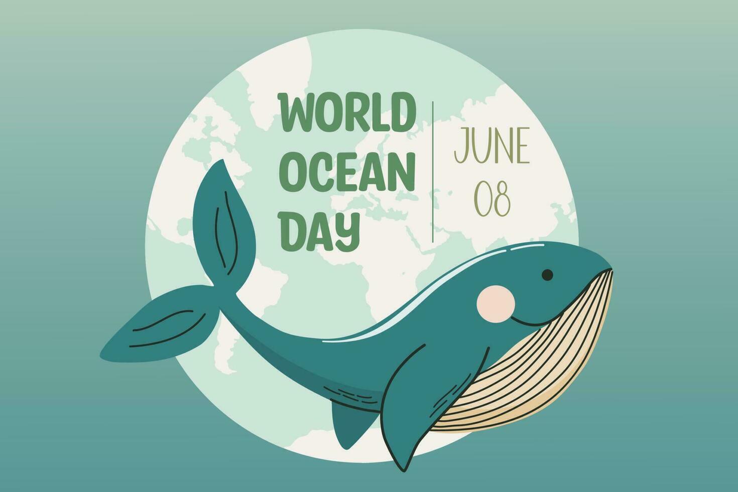 World Ocean Day banner. Blue whale as Ocean symbol. Flat style vector illustration.