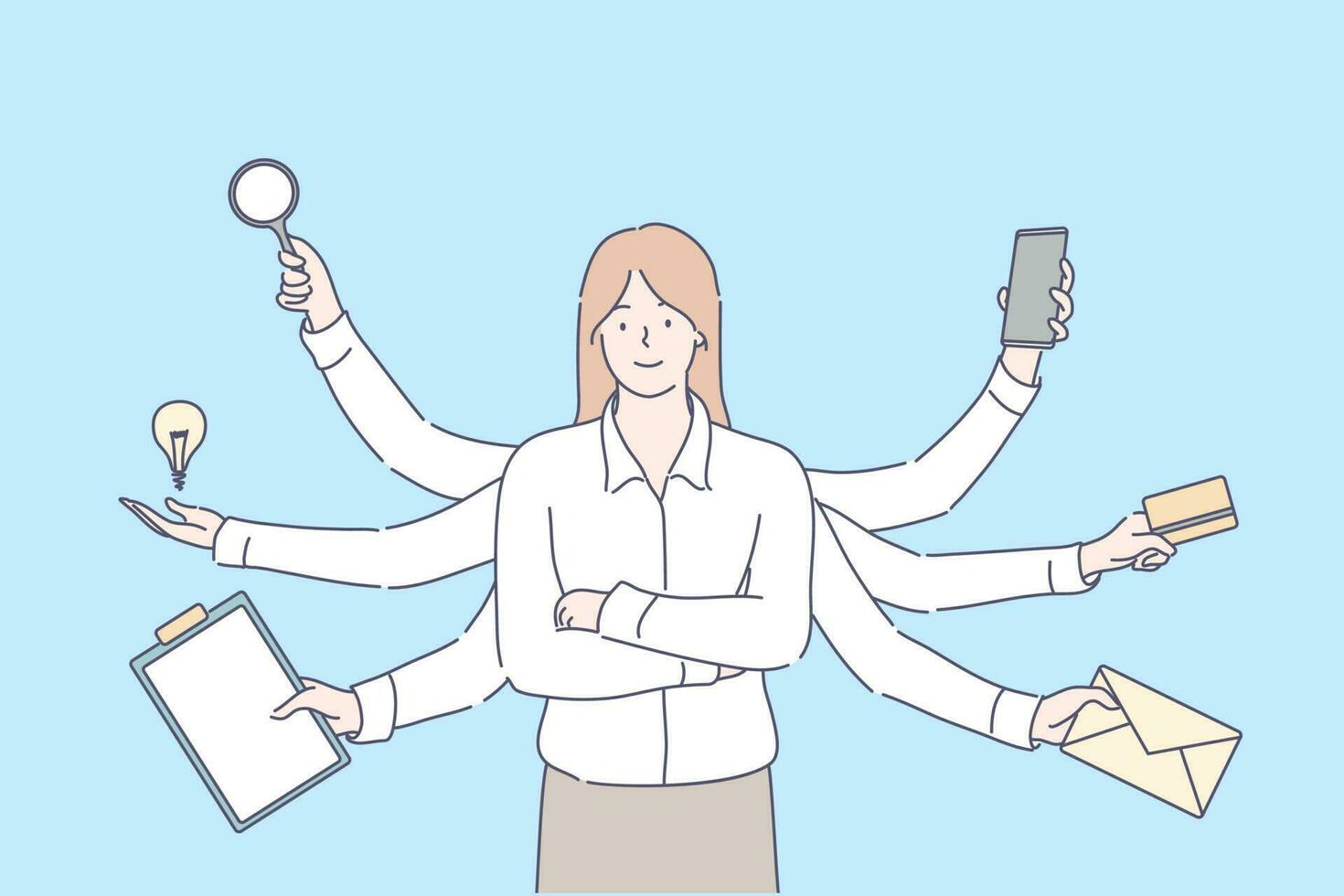 Multitasking, efficiency, overload, professional competence, business concept. Young effective overloaded businesswoman, girl manager leader with many hands. Multitasking. Professional competence. vector