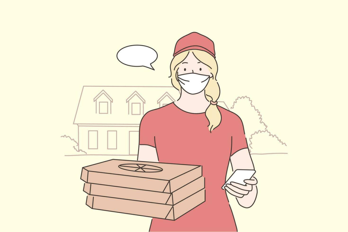 Food delivery, quarantine, coronavirus infection, concept. Young woman supplier cartoon character stands with pizza in medical face mask. Home food delivery on 2019ncov isolation and covid19 desease. vector