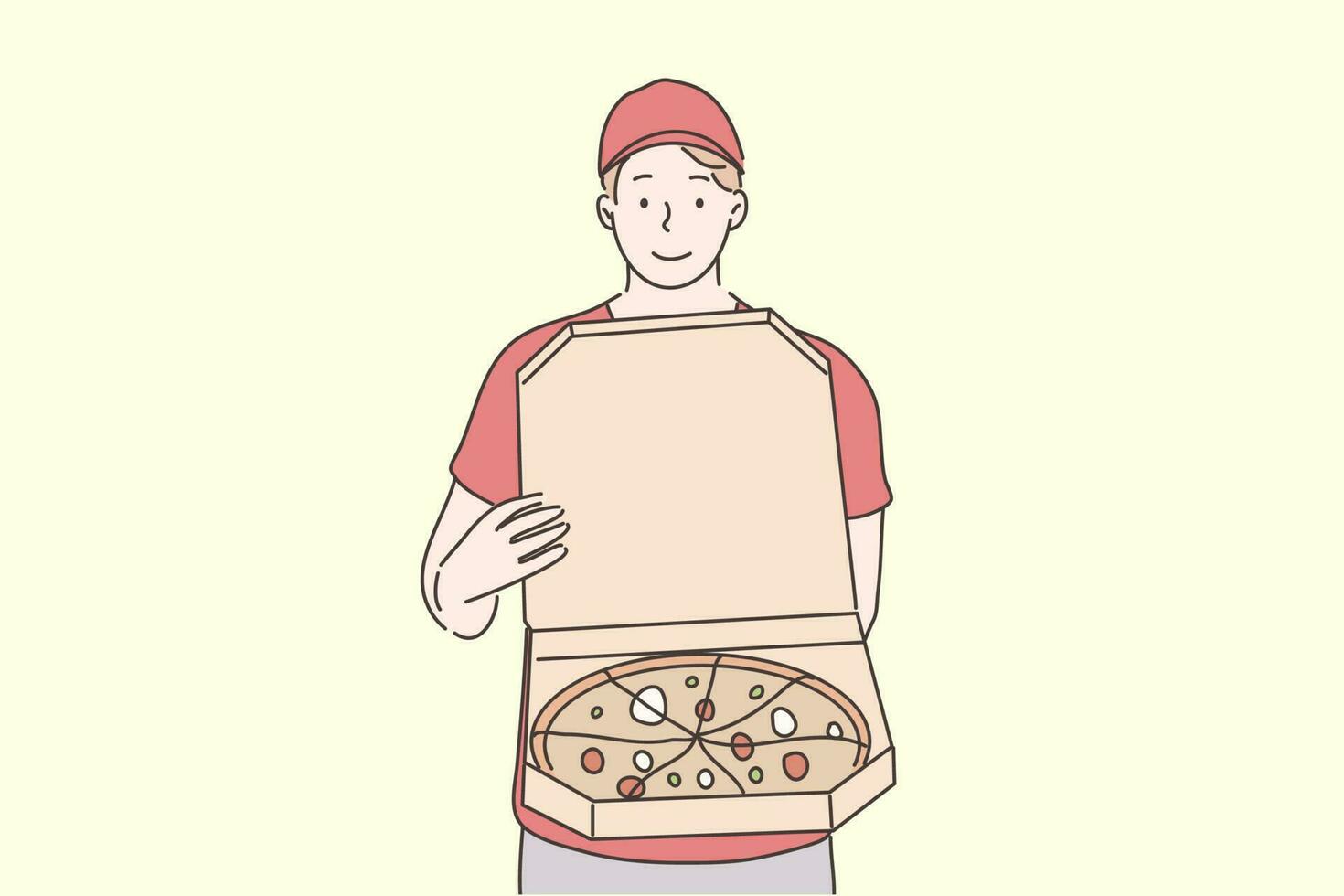 pizza, en línea orden, hogar comida entrega concepto. joven contento sonriente hombre chico mensajero dibujos animados personaje en pie con Pizza corte en rebanadas rápido suministro servicio, ordenando eliminar o comida a hogar. vector