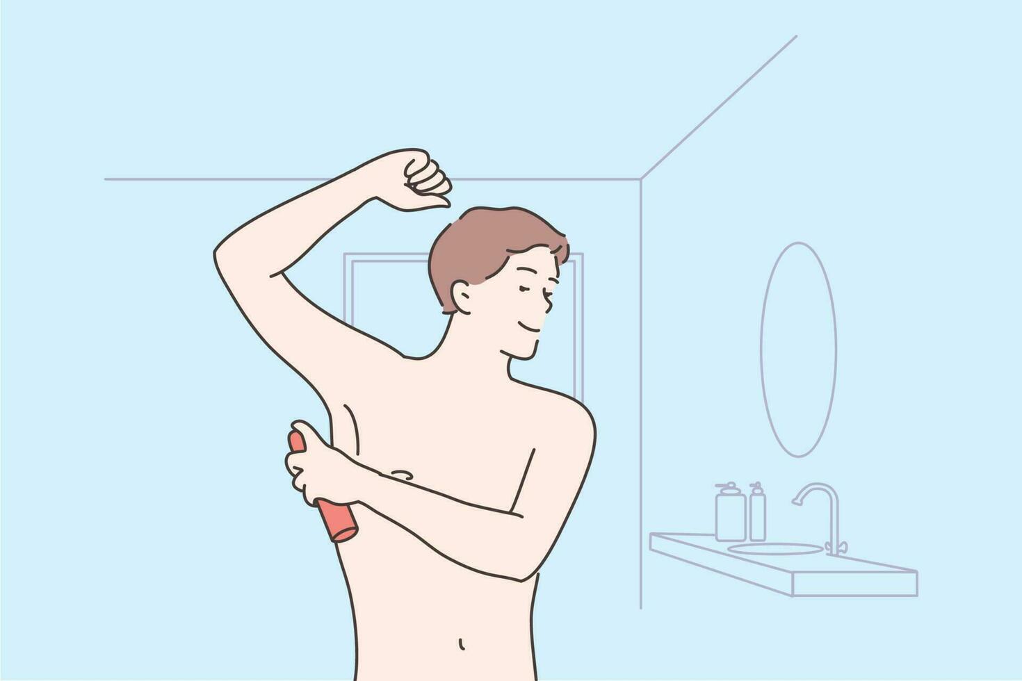 Health, care, smell concept. Young happy man or guy cartoon character applying spray on armpit for good fresh scent or odor. Healthy lifestyle and domestic daily morning routine procedure illustration vector