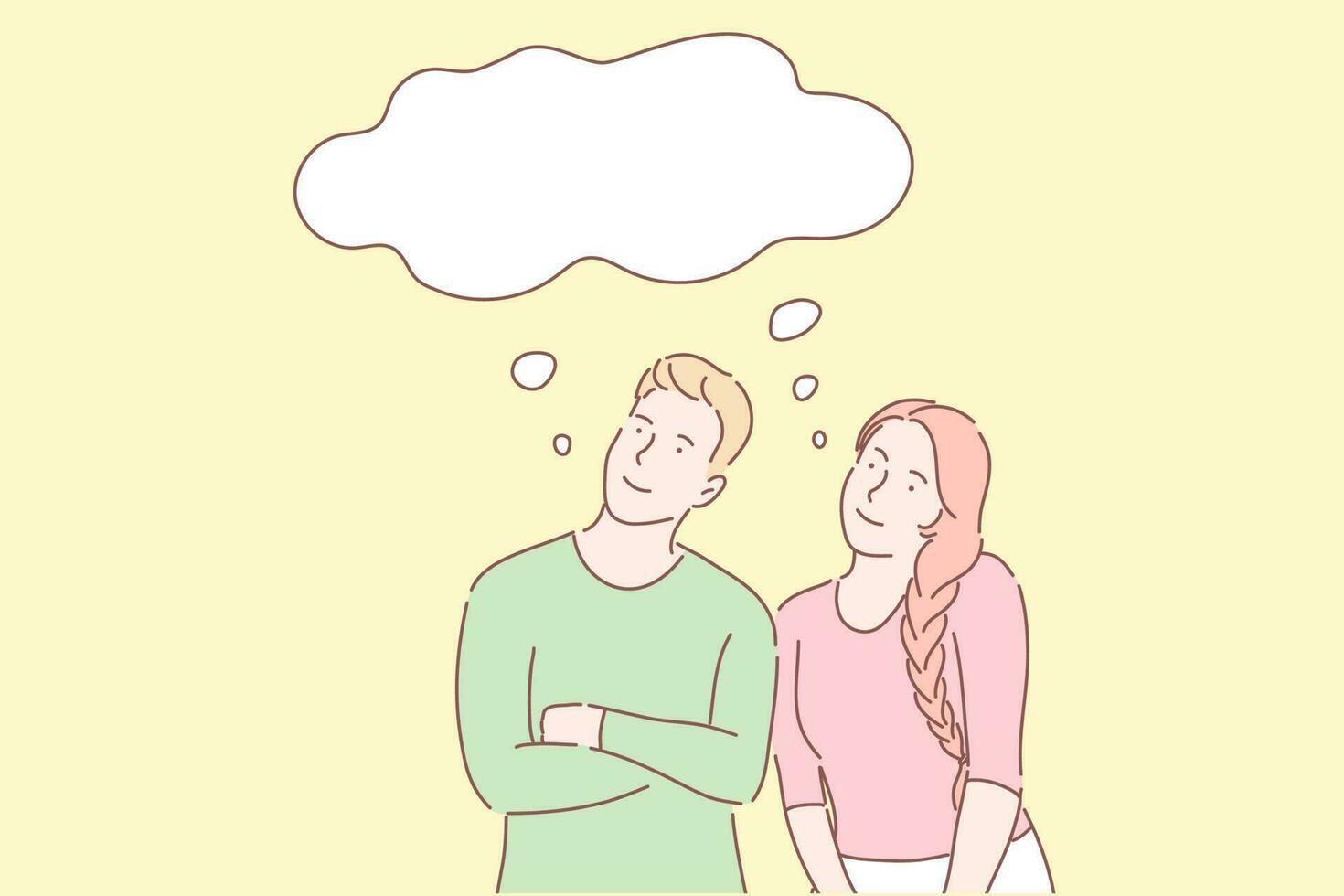 Common dreams, similar thoughts, sharing views concept. Happy family couple having same plans. Daydreaming metaphor. Boyfriend and girlfriend total understanding. Simple flat vector