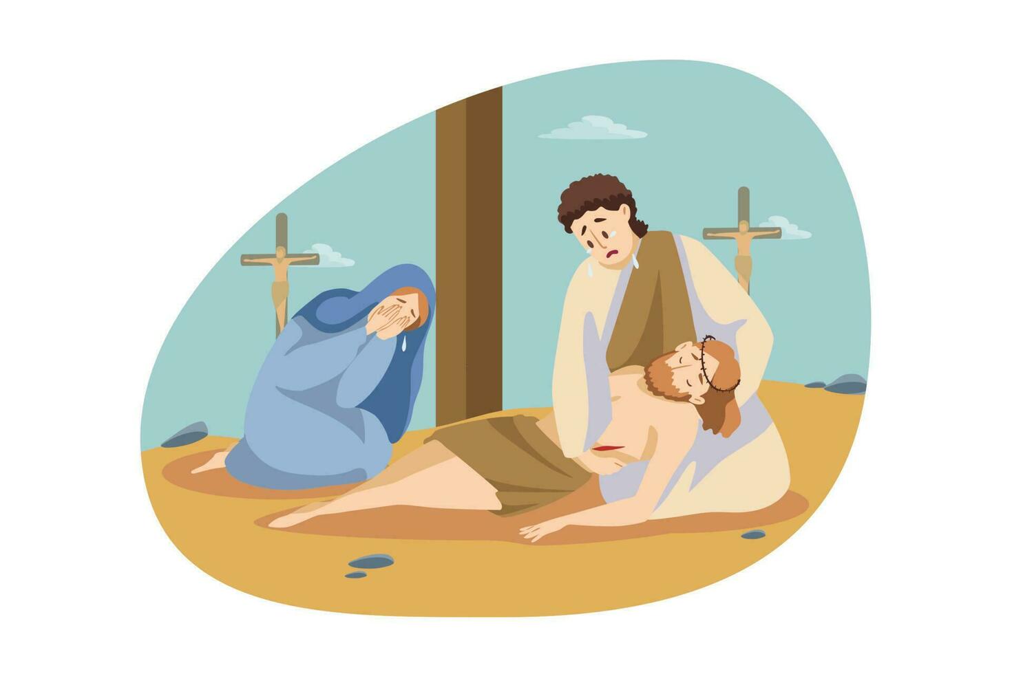 Christianity, religion, Bible concept. Maria and Simon sitting and crying near dead body ofJesus Christ son of God gospel prophet on Golgotha. Crucifixion of Messiah and New Testament illustration. vector