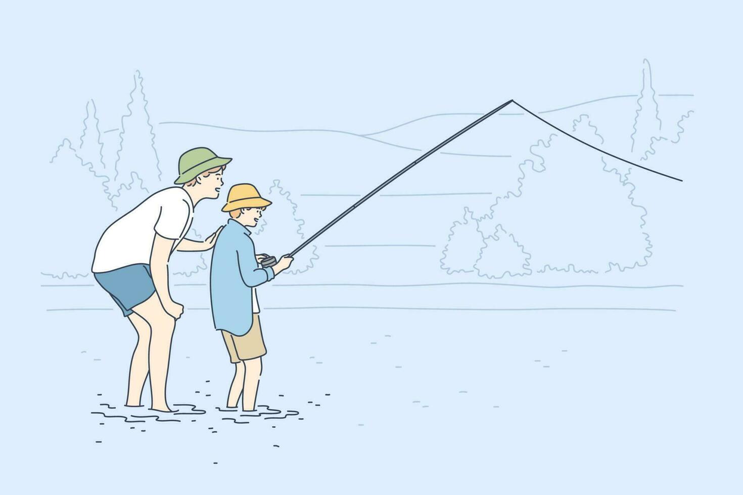 paternidad, pesca, infancia, capacitación, ocio concepto. joven hombre padre enseñando chico niño hijo adolescente atrapando pescado en lago río. familia cuidado padres día y activo verano recreación ilustración vector