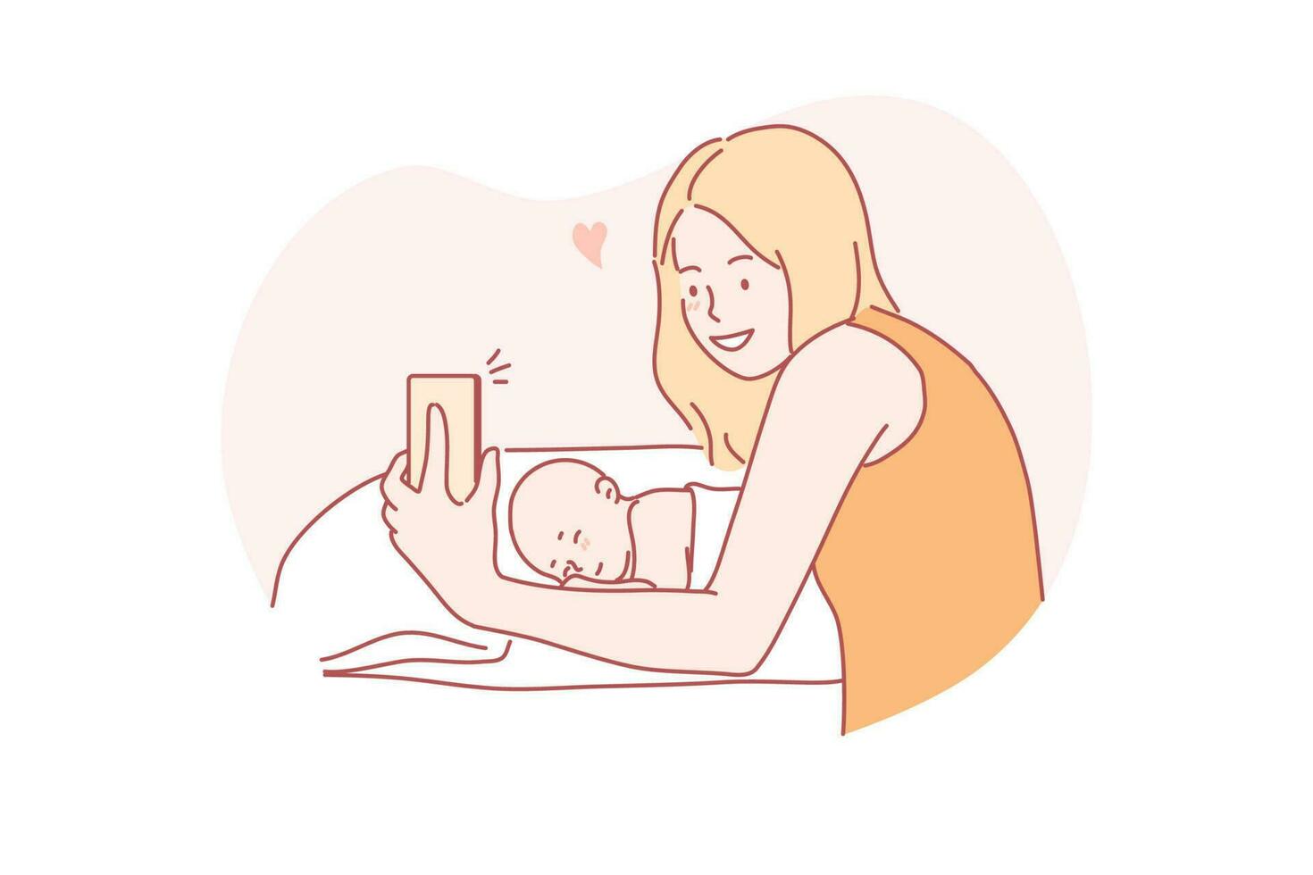 Selfie, motherhood, childhood, family concept. Young woman mother taking selfie with newborn baby sleeping in bed or video calling to father or relatives. New generation parenthood and mothers day. vector