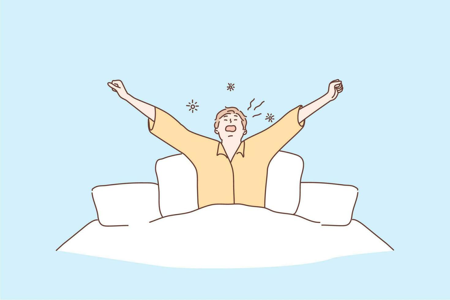 Morning, health, care, awakening, relaxation concept. Young man or guy cartoon character awaking in morning at home bed after long deep sleep. New day beginning and healthy rest lifestyle illustration vector