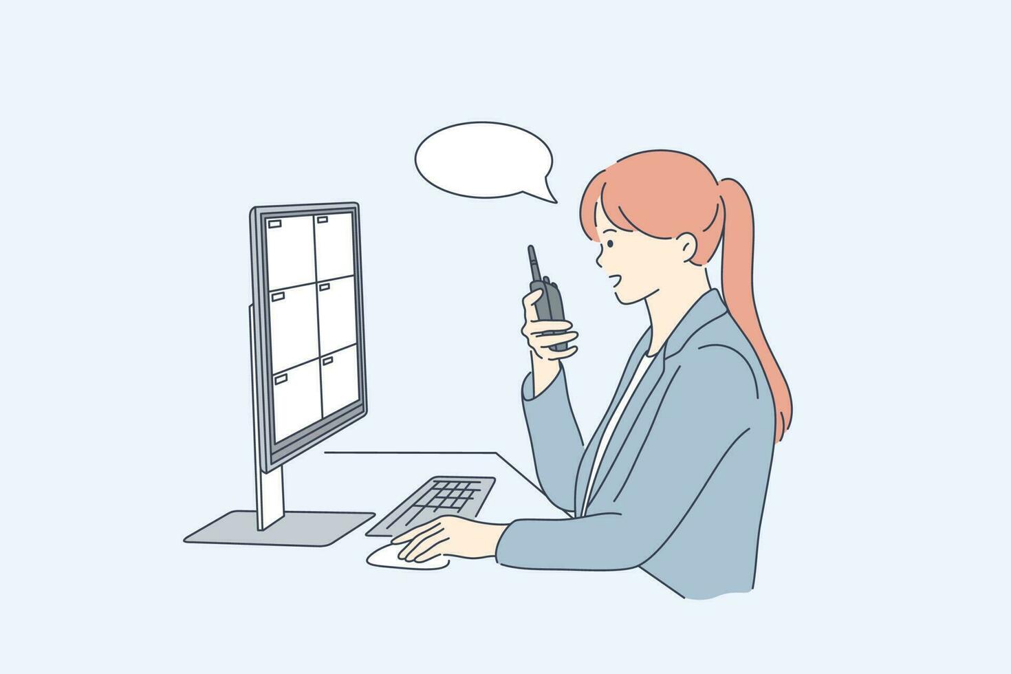 Security, surveillance, safety concept. Young woman or girl safeguard operator cartoon character sitting at computer display workplace with portable transmitter. Video observation and safety provision vector