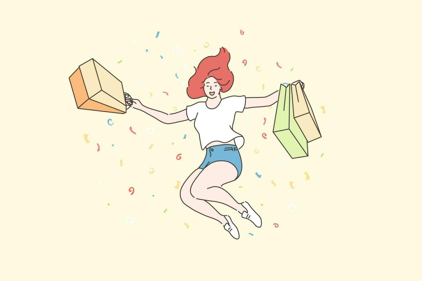 éxito, compras, compra concepto. joven contento alegre mujer o niña adicto a las compras dibujos animados personaje saltando con tienda bolsas. alegría para comprando rebaja bienes, comercial descuentos para clientes ilustración. vector