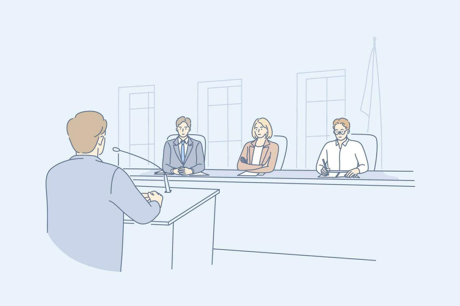 Law adjustment, court concept. Young man criminal attorney cartoon character takes floor speaking in front of judges at hearing meeting in courtroom. Prosecution and defence speech, system of justice. vector