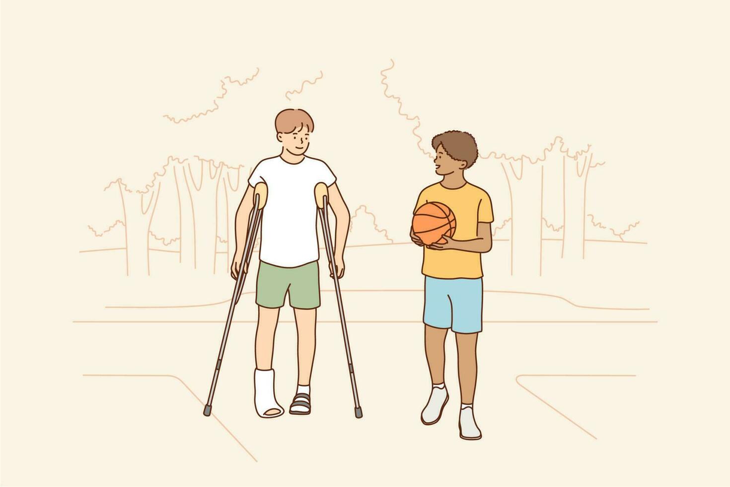 Health, care, sport, basketball, friendship concept. Young boys children african american guy holding ball and disabled friend with crutches walking together. Friendly support and rehabilitation. vector