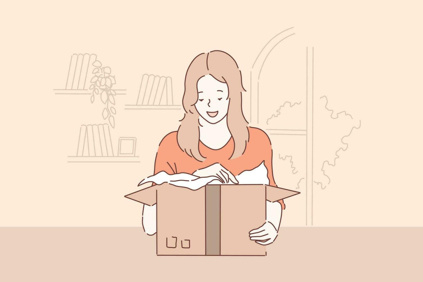 Unwrapping pleasant surprise, package delivery concept. Young girl unpacking cardboard parcel with delighted facial expression, customer opening box. Simple flat vector
