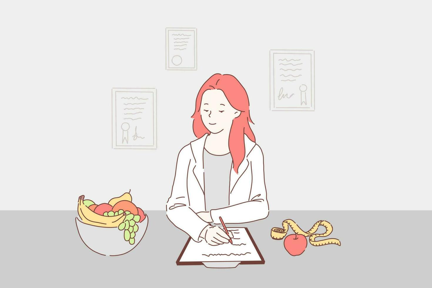 equilibrado dieta para peso controlar concepto. dietético escritura sano nutrición plan incluso Fresco frutas a diario menú, nutricionista prescribir vegetariano dieta. sencillo plano vector