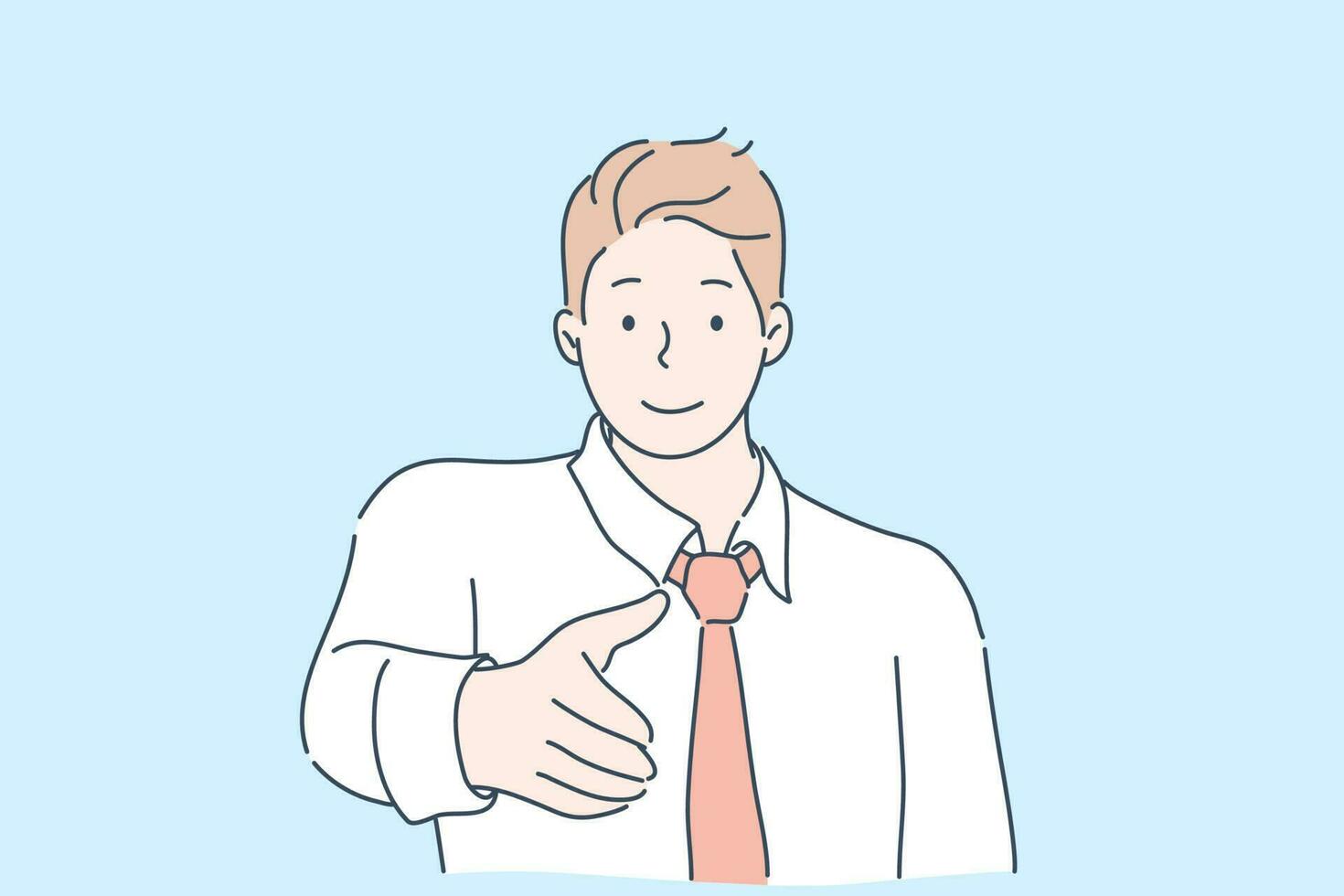 Meeting, greeting, business deal concept. Young smiling businessman, boy clerk manager boss reaches hand introduction. Making deal at meeting. Agreement. Greeting colleagues or partners. Acquaintance. vector
