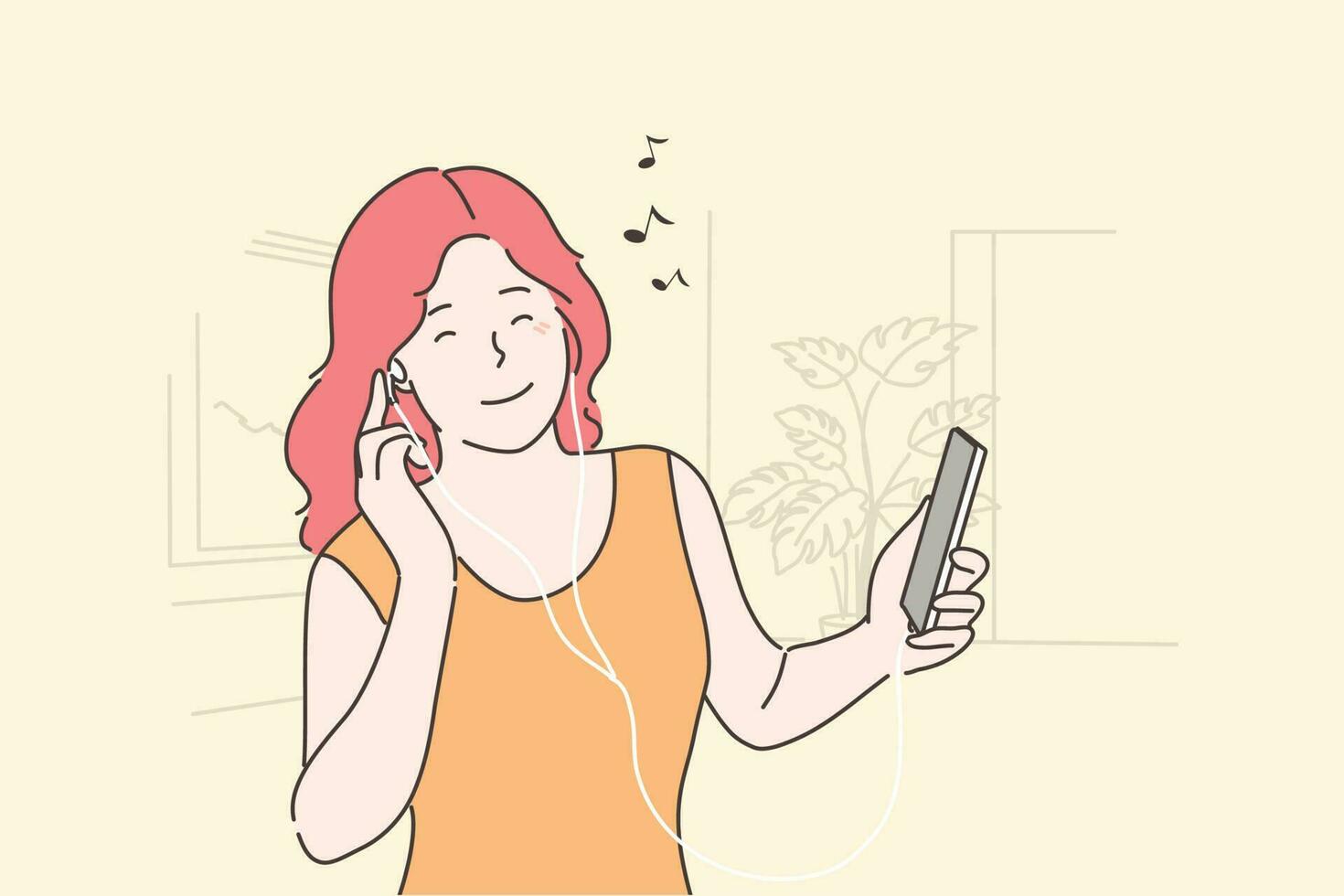 mujer escuchando a música concepto. joven contento sonriente niña adolescente dibujos animados personaje participación móvil teléfono y disfruta musical canciones sonido en auriculares y teniendo divertida. ocio hora y hogar recreación vector