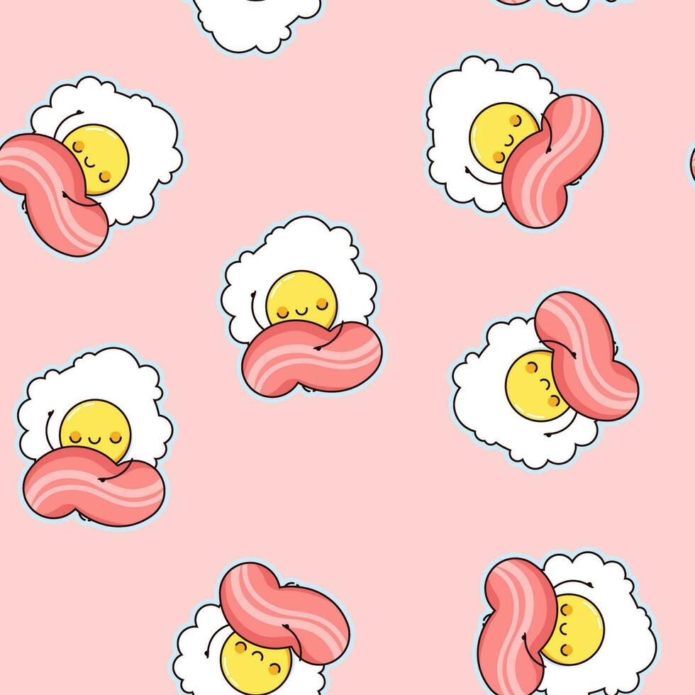 Seamless pattern of fried eggs with bacon in kawaii style vector