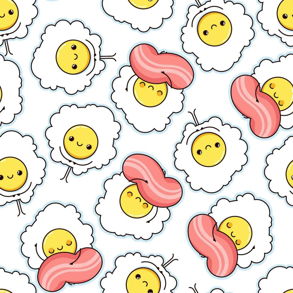 Seamless pattern of cartoon fried eggs and bacon on a white background vector