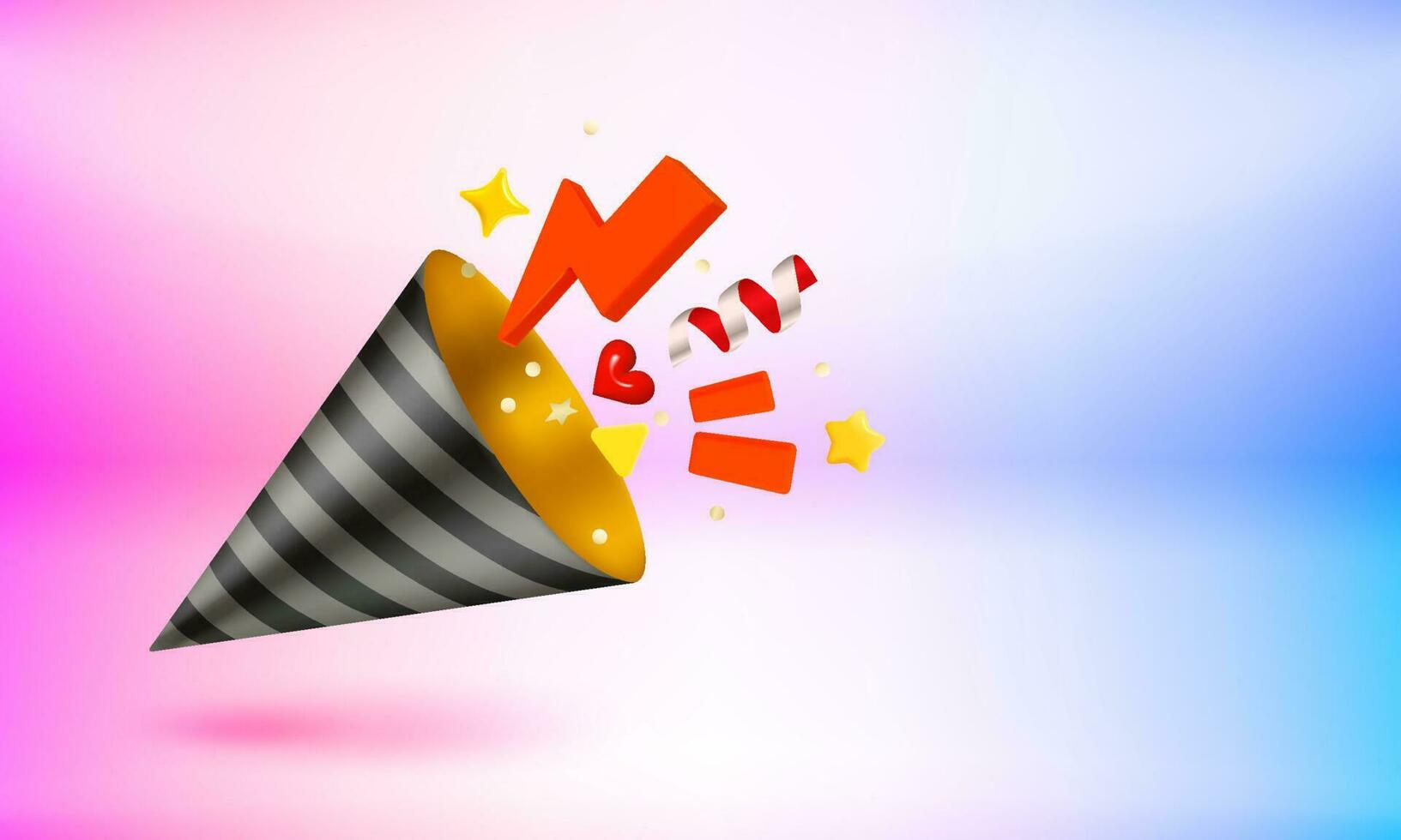 Black cone with confetti. Surprise concept. 3d vector banner with copy space