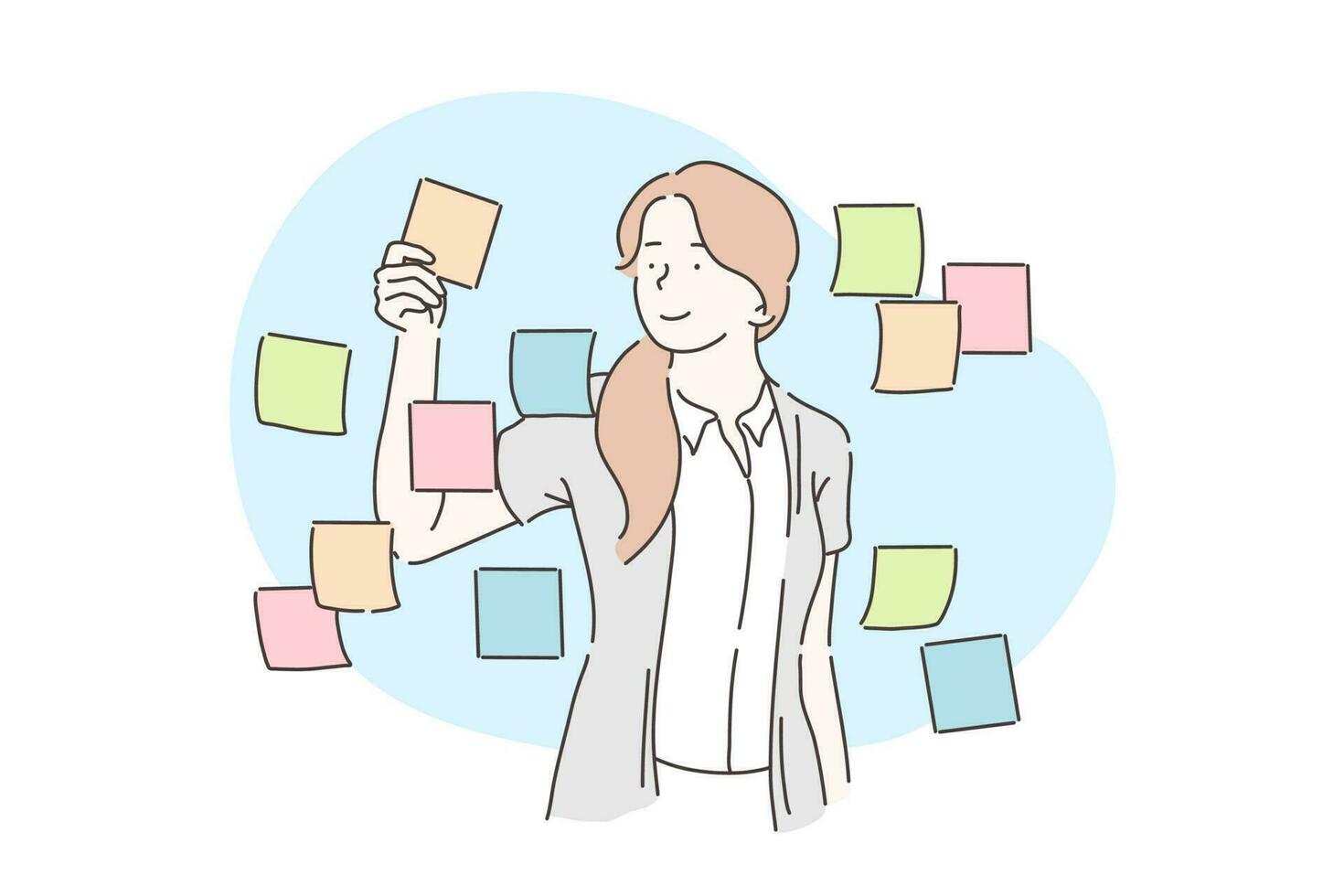 Planning, analysis, business plan concept. Businesswoman sticking adhesive notes on wall in office. A young girl glues paper stickers on the glass. Vector flat design.