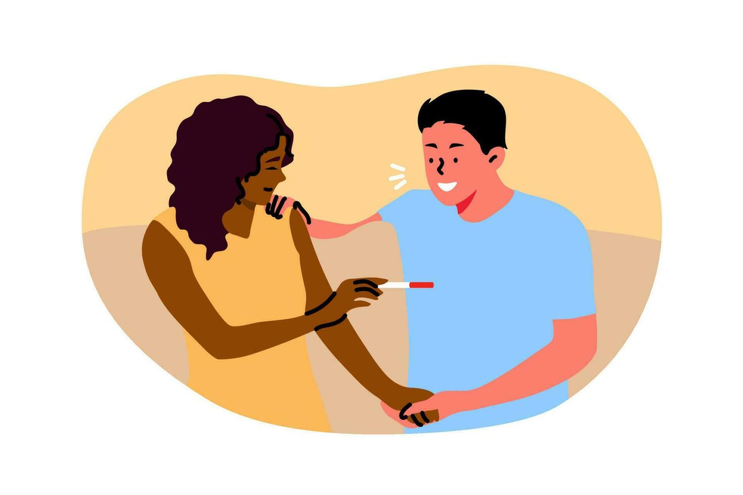 Couple, pregnancy, motherhood, atherhood, happiness concept. Young pregnant woman girlfriend showing positive test result to boyfriend man husband. Happy news waiting for kid child baby illustration. vector