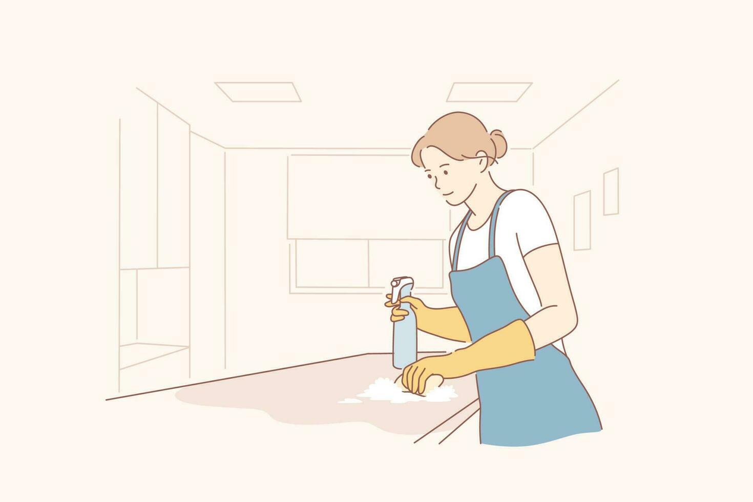 Cleaning in office concept. Young happy smiling woman maid housekeeper or girl janitor cartoon character cleans business room or hotel apartment with spray. Professional cleanup service illustration. vector