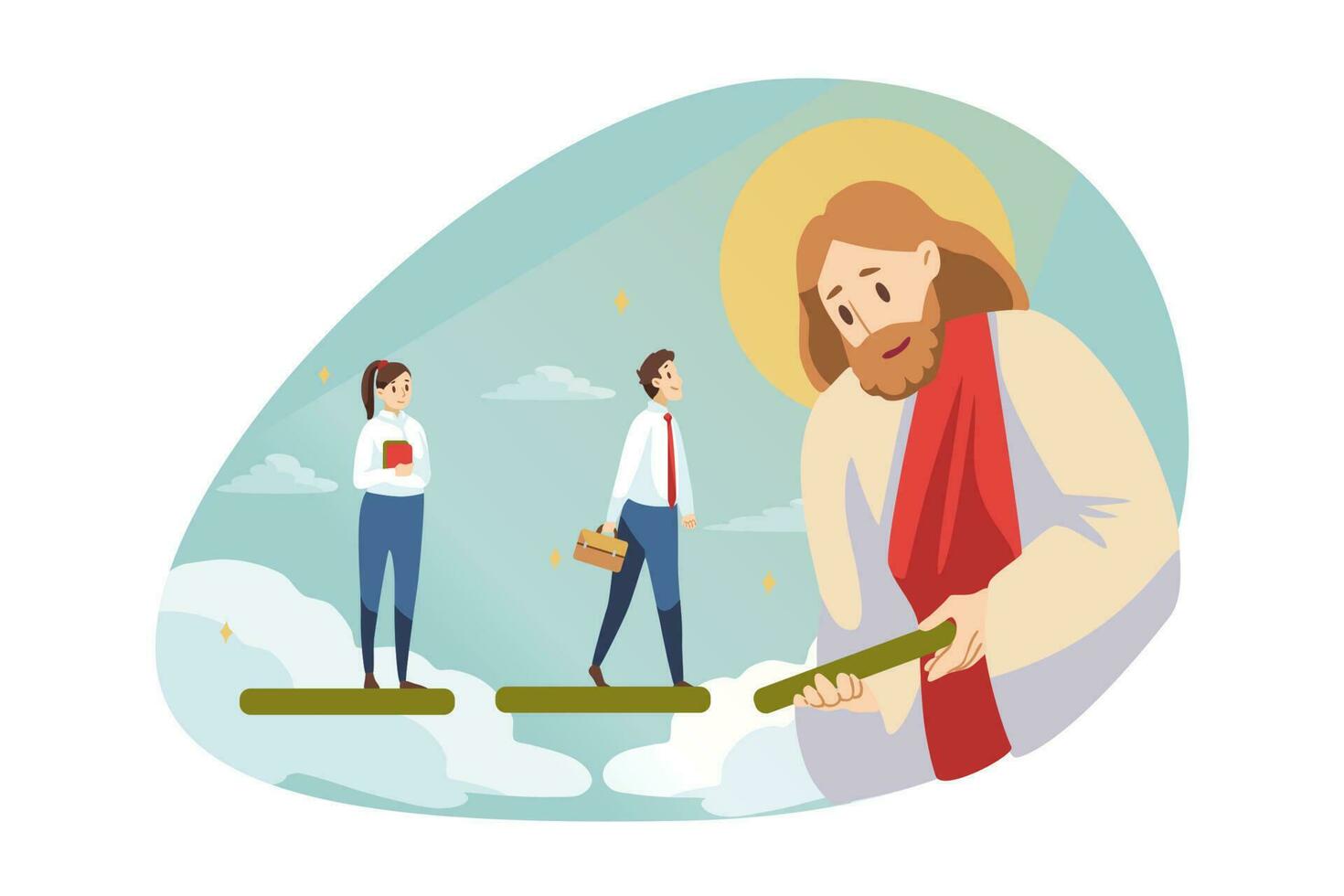 Startup, success, religion, christianity, help, business concept. Jesus Christ son of God Messiah helping happy young businessman woman clerk manager moving forward. Divine support or goal achievement vector
