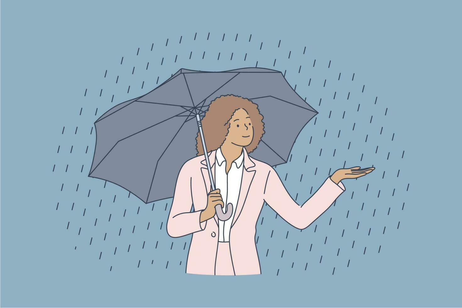 negocio, seguridad, agua, lluvia concepto. joven contento miling africano americano mujer de negocios empleado gerente dibujos animados personaje en pie bajo paraguas cuando lloviendo. proteccion desde malo clima ilustración. vector