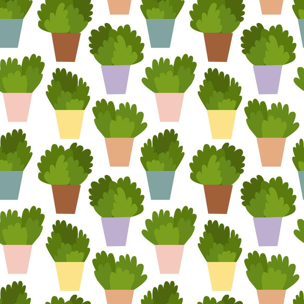 Vector cactuses seamless pattern. Flat style succulent plants in pot pattern.