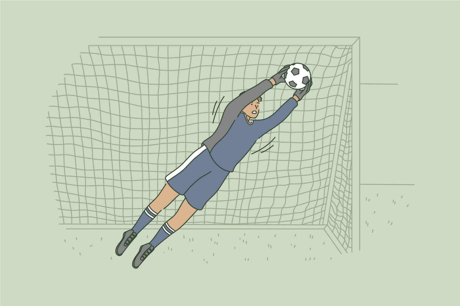 Sport, game, playing, match, competition, hobby concept. Young professional african american man guy soccer goalkeeper character catching ball on stadium field during championship. Active lifestyle. vector