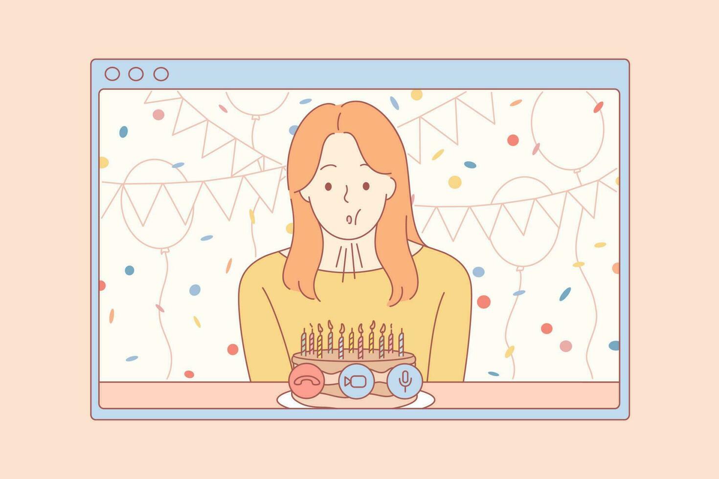 Celebration, online, birthday, holiday, quarantine, coronavirus concept. Young woman girl cartoon character celebrates birthday remotely blowing cake candles. Self isolation party on 2019ncov lockdown vector