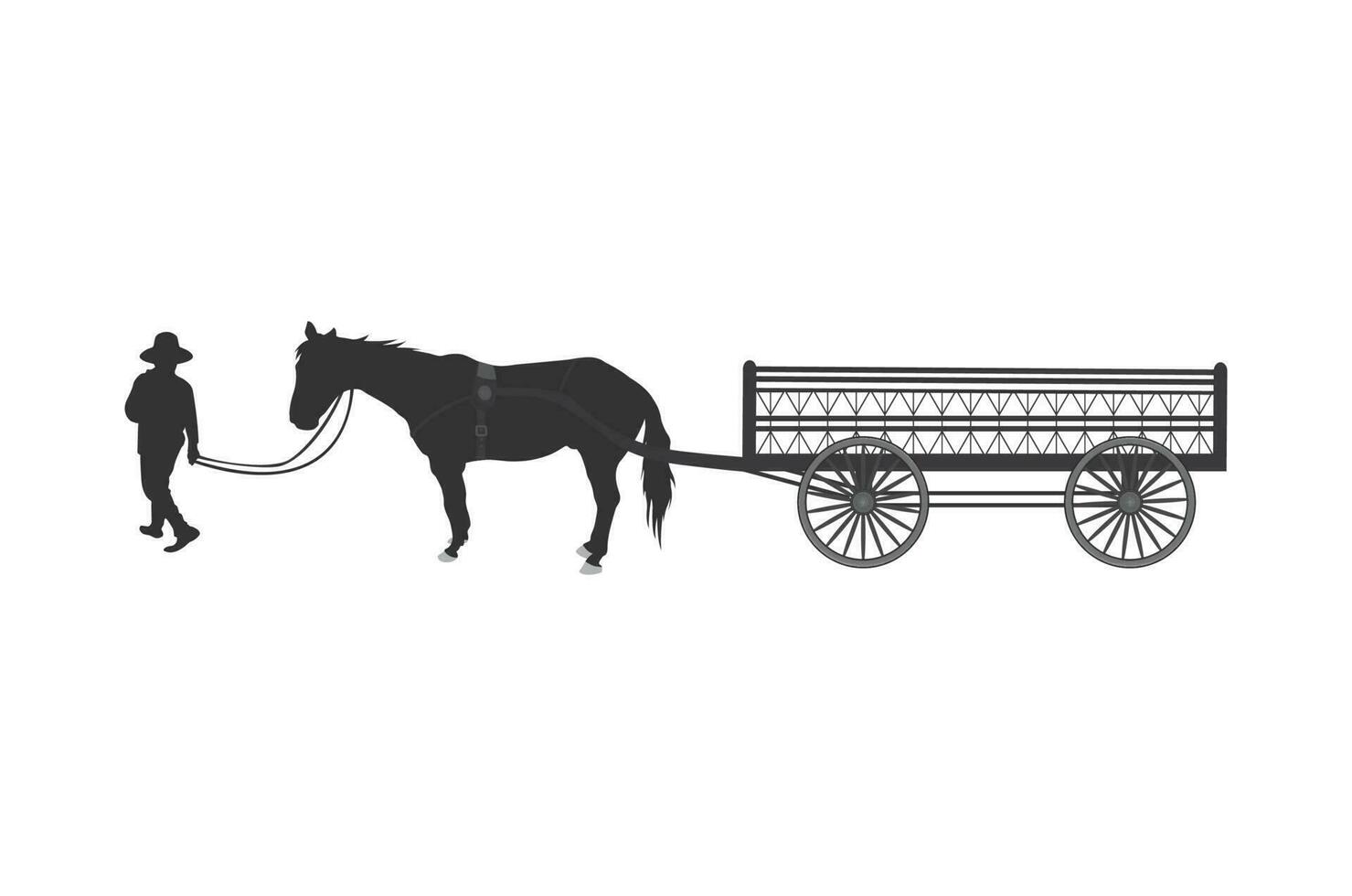 Silhouette of horse-drawn carriages with rider, four-wheel carriage, wild west wagon silhouette. Vector illustration.