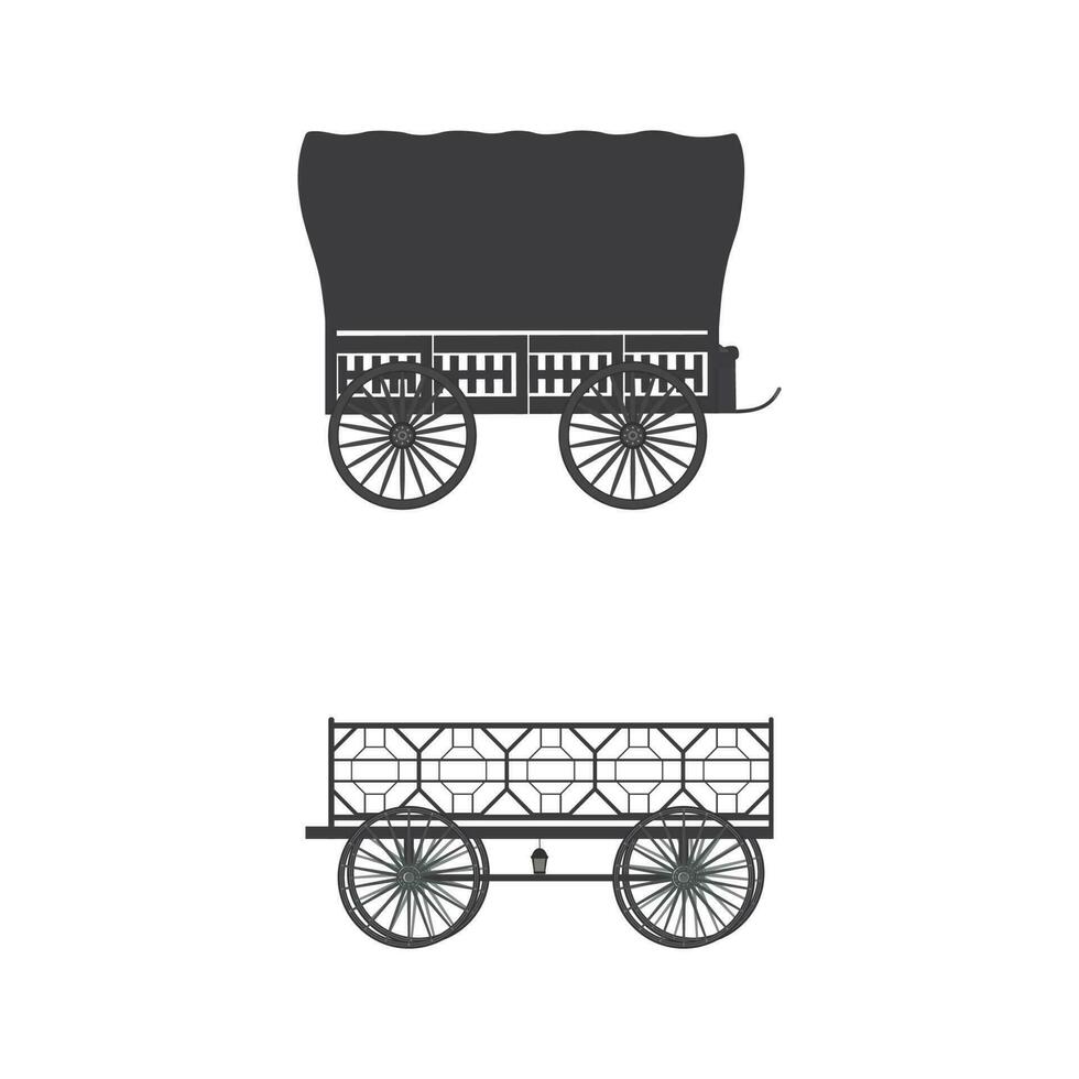 Silhouette wagon covered with cloth, chariot wild western style, carriage antique, vintage transport, cart for traveling isolated on white background, vector illustration