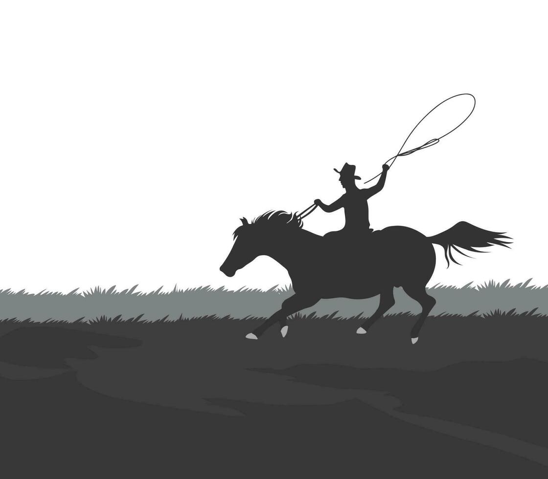 Cowboy riding with rope lasso on horse in the field rodeo western design vector illustration