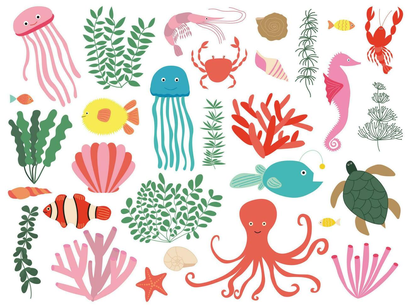 Vector marine animals and plants flat style set. Different fish, shells and seaweeds under the sea set.