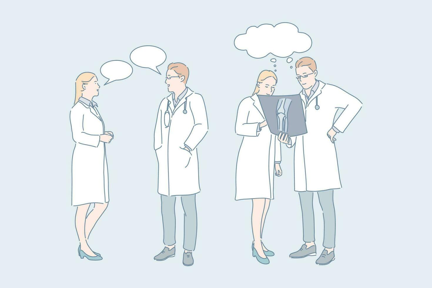 Doctor work, medical consultation, concilium concept. Medicine, injury treatment, therapy, male and female traumatologists with roentgenogram, people and speech bubbles. Simple flat vector