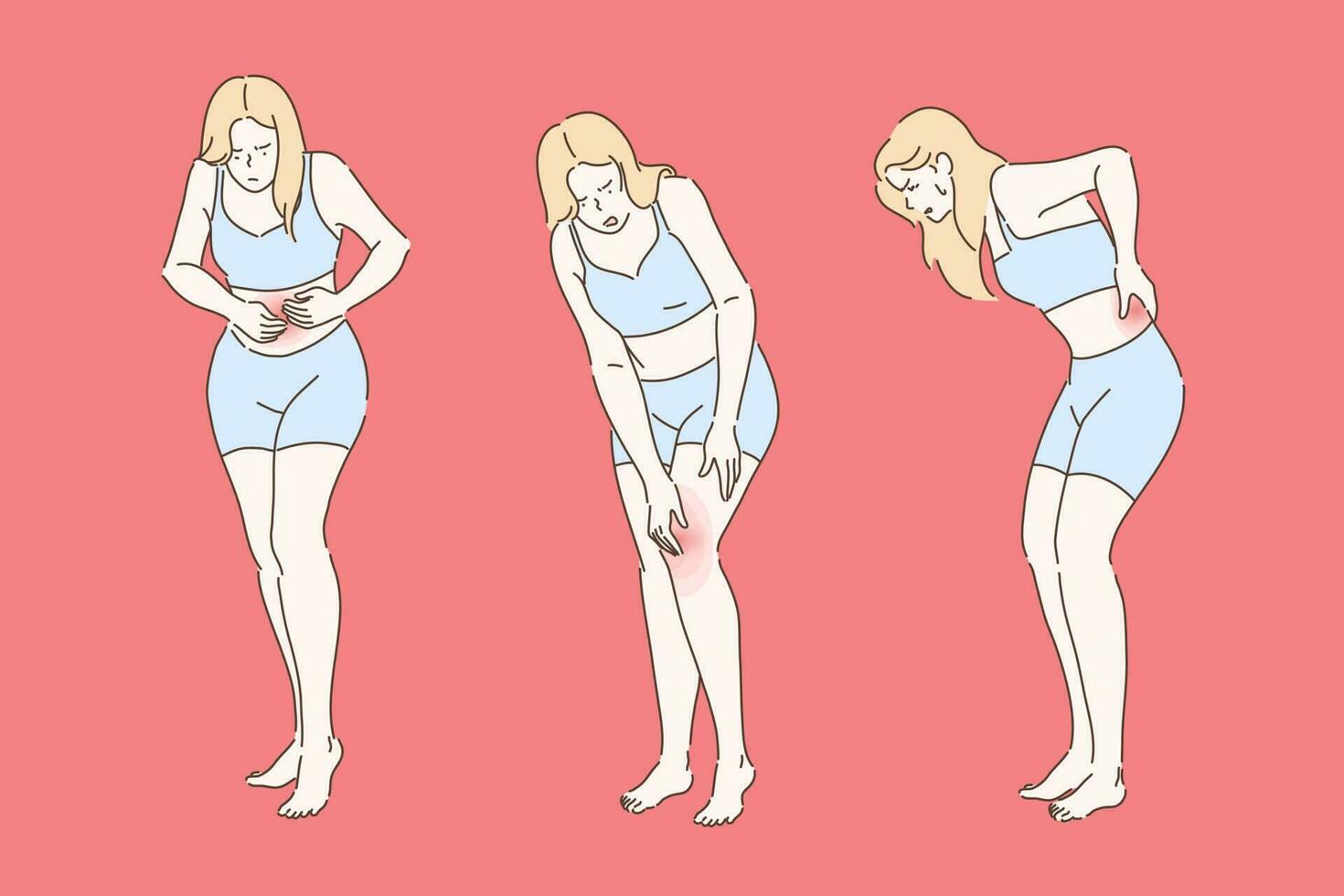 mujer retorcido con doloroso períodos concepto. niña sufrimiento desde doloroso rodilla articulación inflamación, joven dama doblar con espalda y abdomen dolor colocar. sencillo plano vector