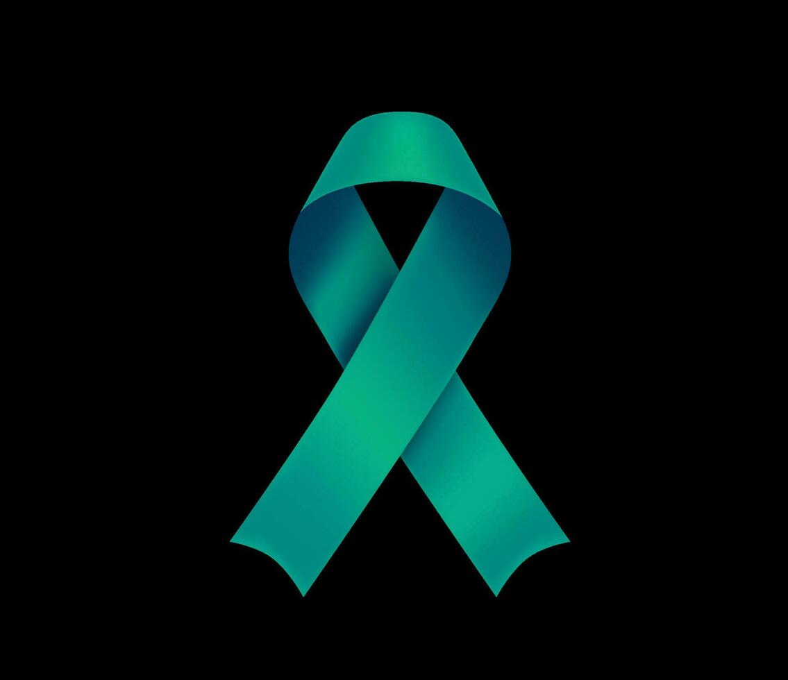 Ovarian cancer awareness symbol. Teal ribbon isolated on black background vector