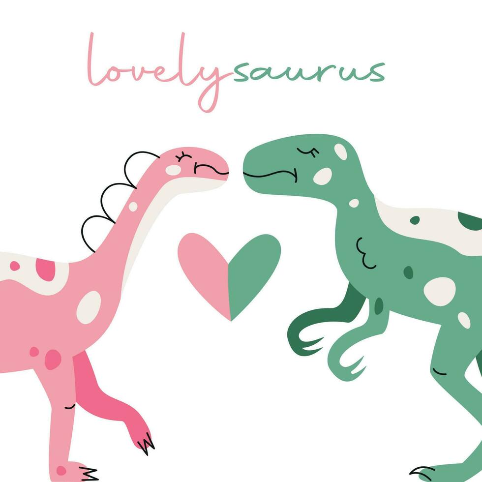 Vector hand drawn flat postcard with dinosaur and heart. Lovelysaurus