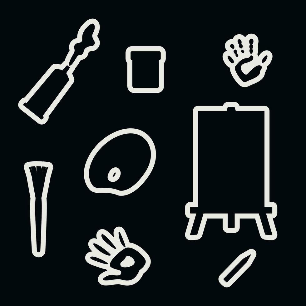 Flat vector painting tools in childish style. Hand drawn art supplies, brush, paint, palm, palette, rubber, easel stickers