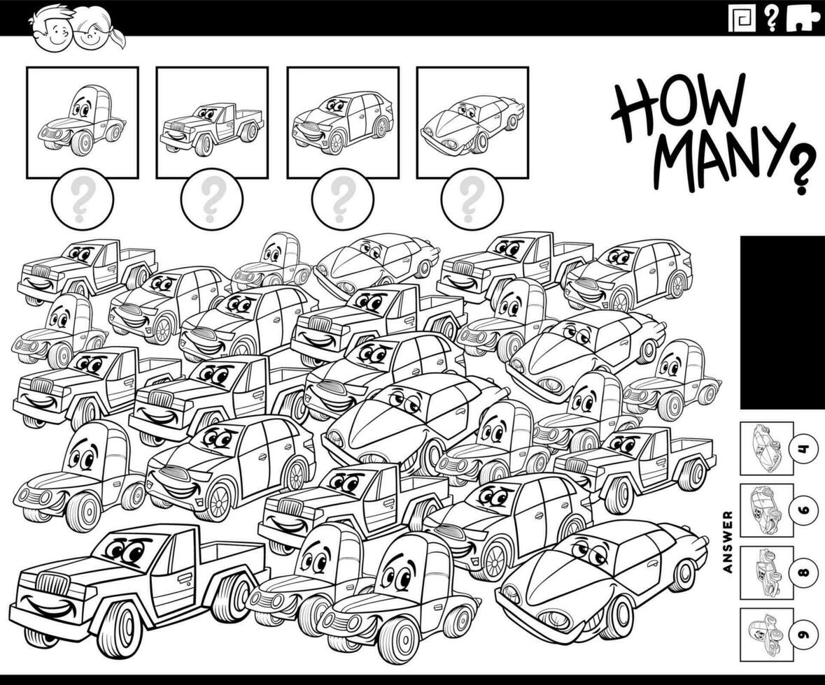 how-many-cartoon-cars-counting-game-coloring-page-23849755-vector-art