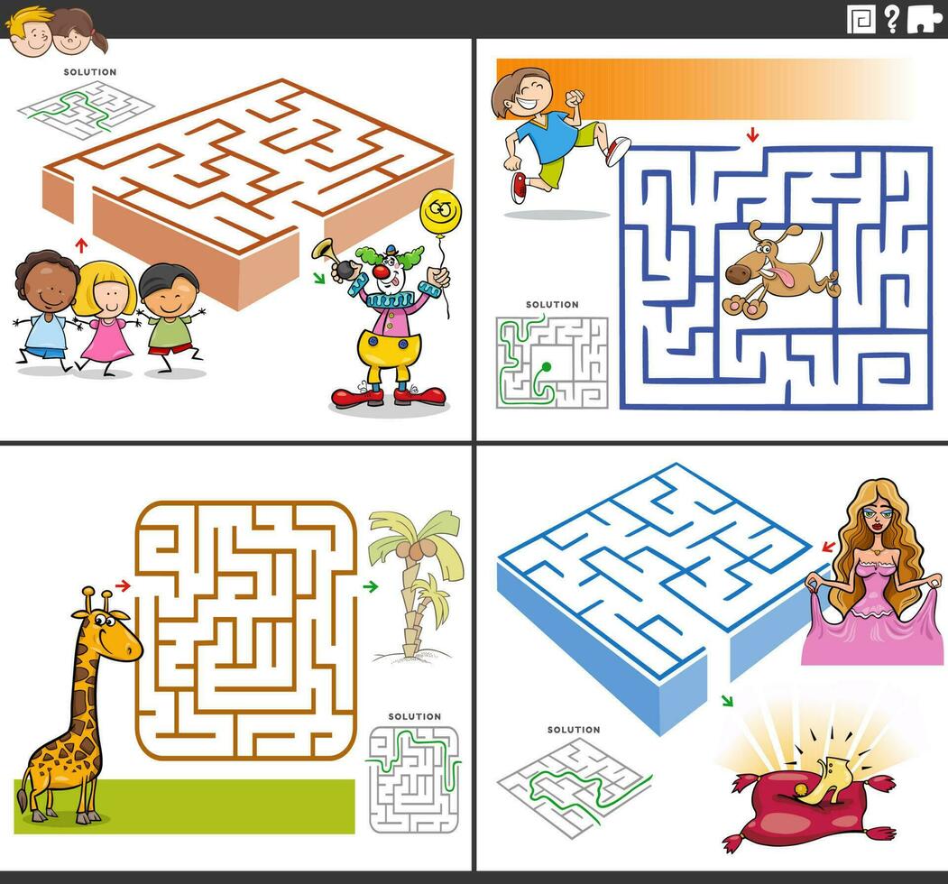 maze activity games set with funny cartoon characters vector