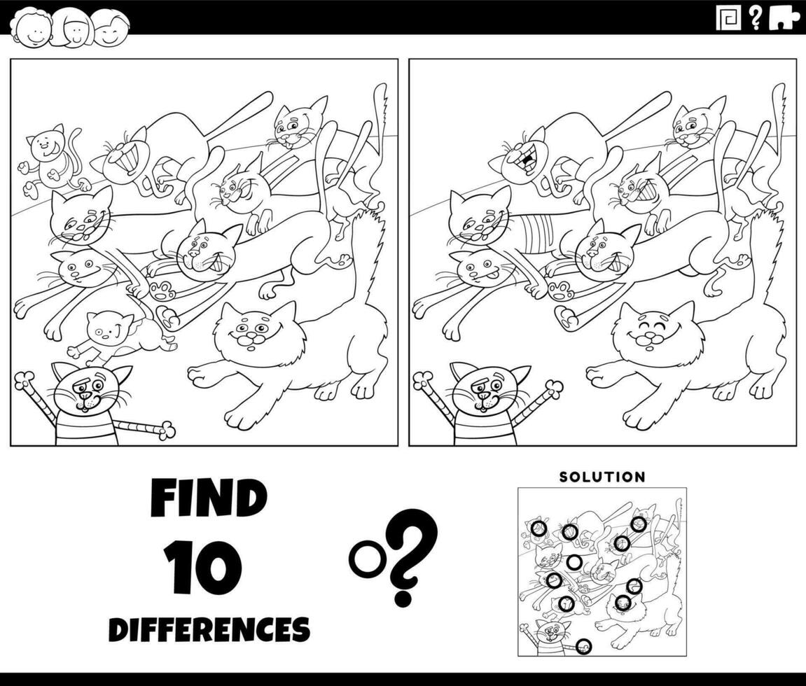 differences game with cartoon running cats coloring page vector