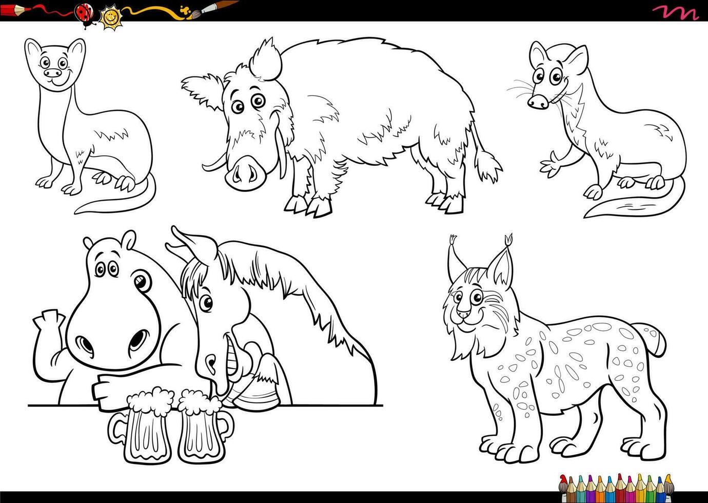 cartoon wild animal characters set coloring page vector