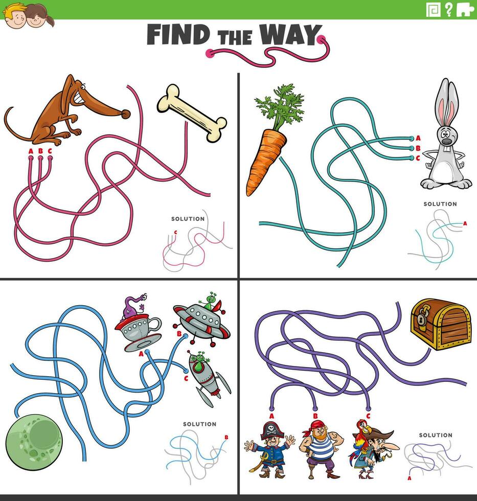 encontrar el camino laberinto juego con gracioso dibujos animados caracteres vector