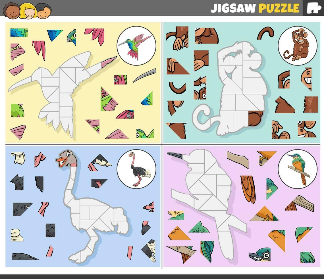 jigsaw puzzle games set with cartoon animal characters vector
