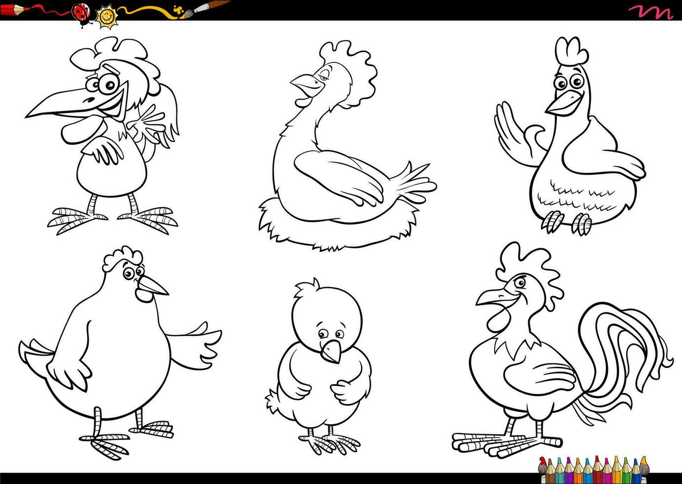 cartoon chickens farm animal characters set coloring page vector