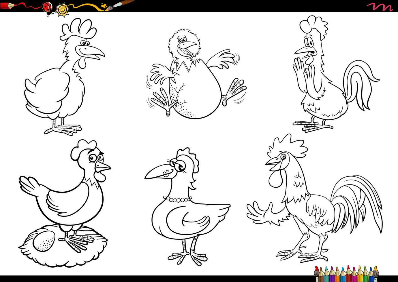 cartoon chickens farm animal characters set coloring page vector