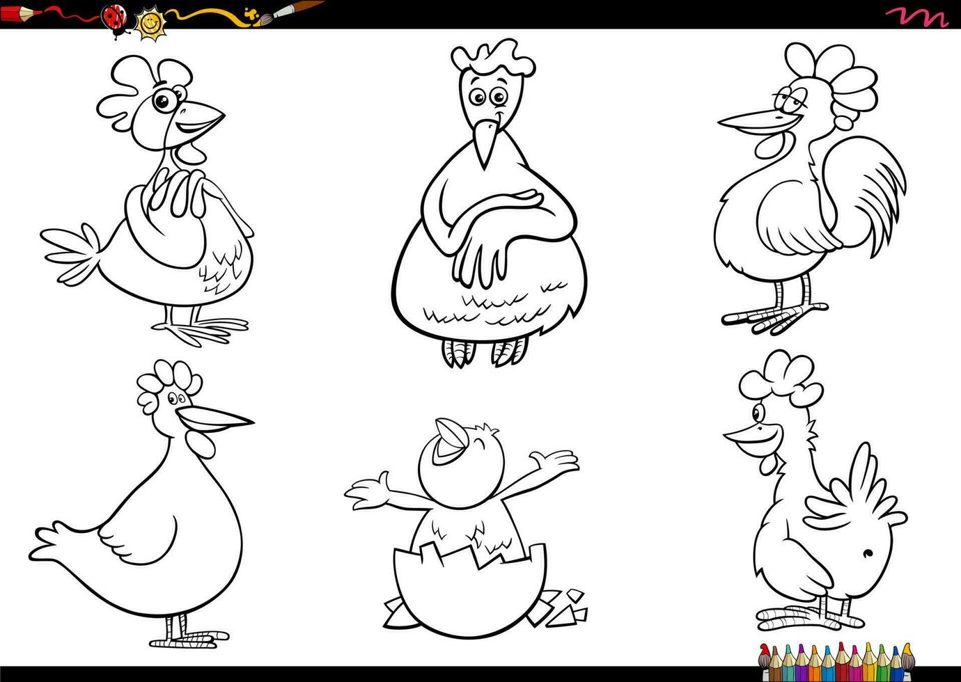 cartoon chickens farm animal characters set coloring page vector