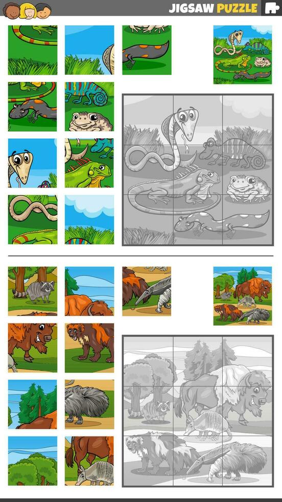 jigsaw puzzle game set with cartoon animal characters vector